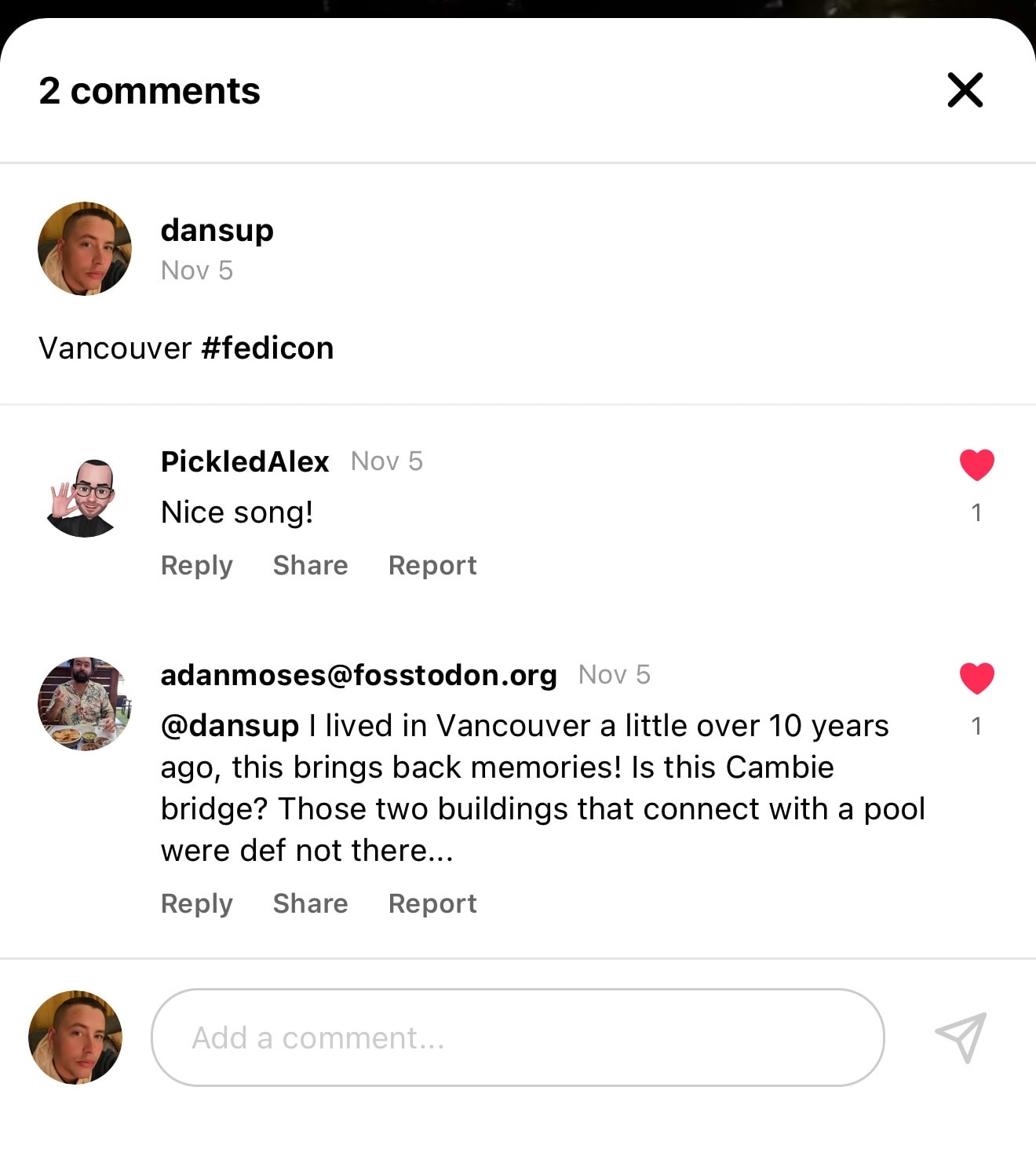 Threaded comments and replies on a Loops video