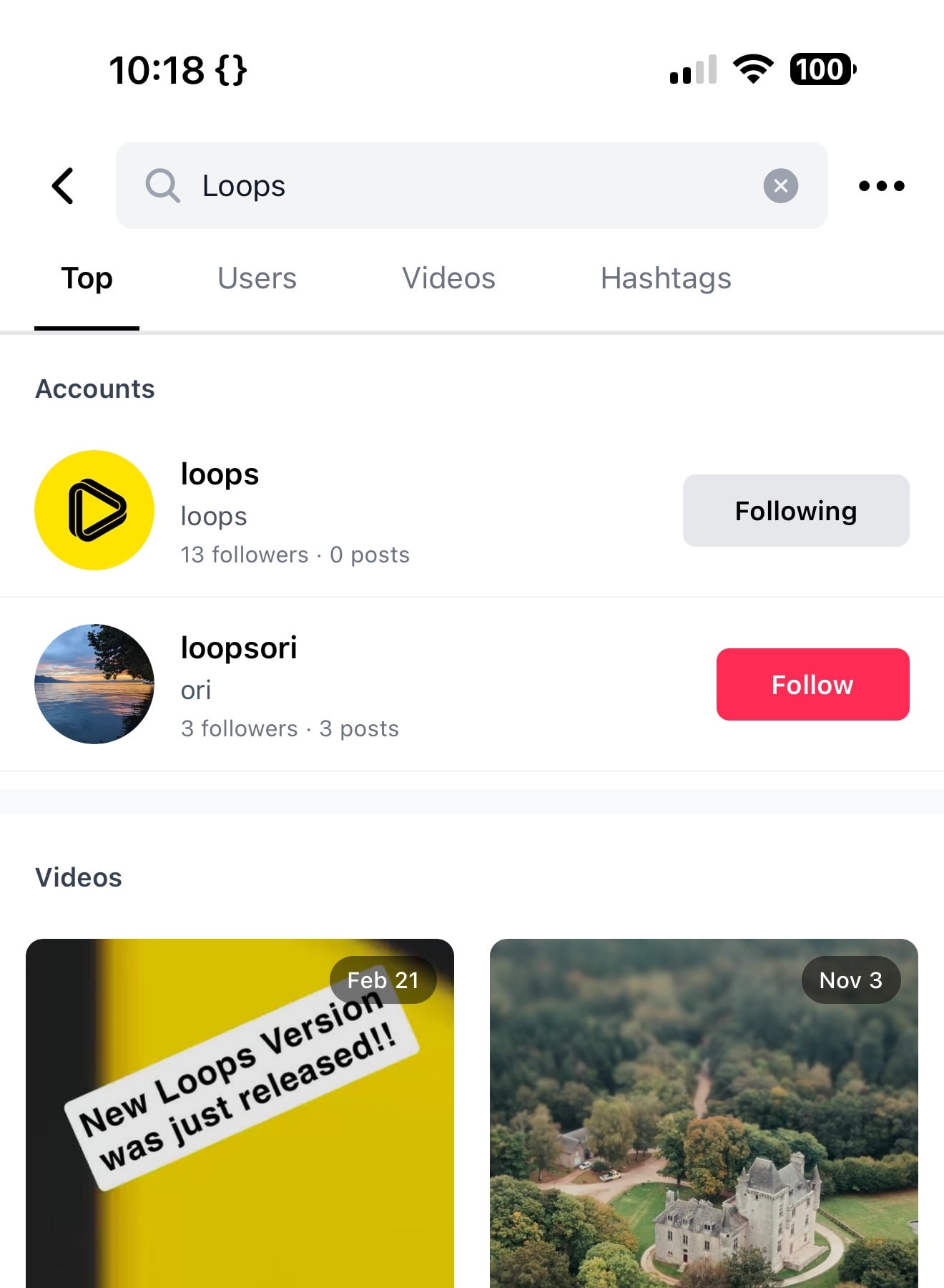 Search results showing hashtags and creators on Loops